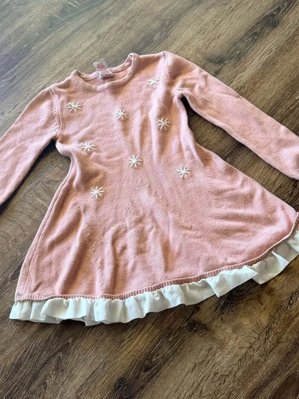 Tahari Girls Pink Long Sleeve Knit Sweater Dress with Snowflake Embroidery